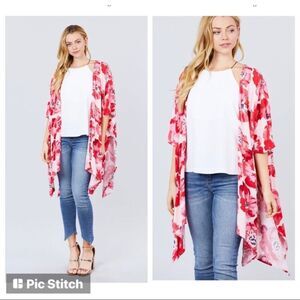 Red Rose Print Kimono Cardigan Red Pink New Medium Active USA